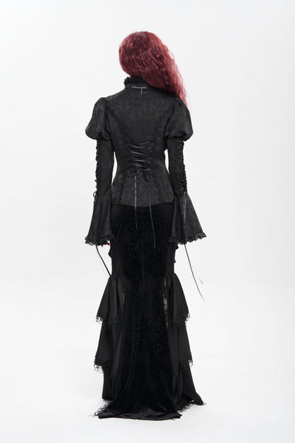 Black Stand Collar Long Puff Sleeves Floral Jacquard Lace-Up Women's Gothic Blouse