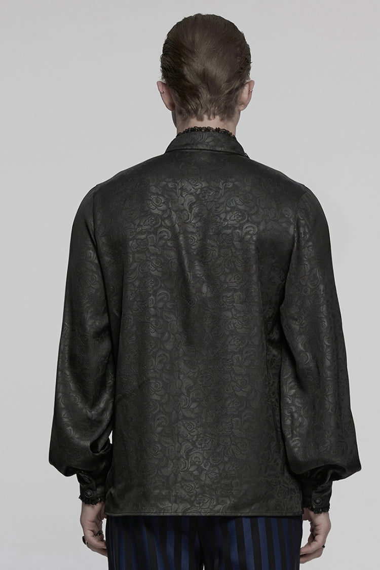 Black Stand Collar Long Sleeves Ruffle Embroidery Lace-Up Plunging Rose Men's Gothic Blouse