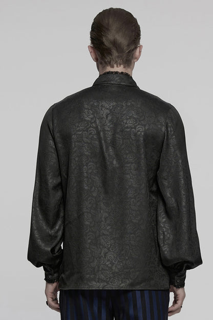 Black Stand Collar Long Sleeves Ruffle Embroidery Lace-Up Plunging Rose Men's Gothic Blouse