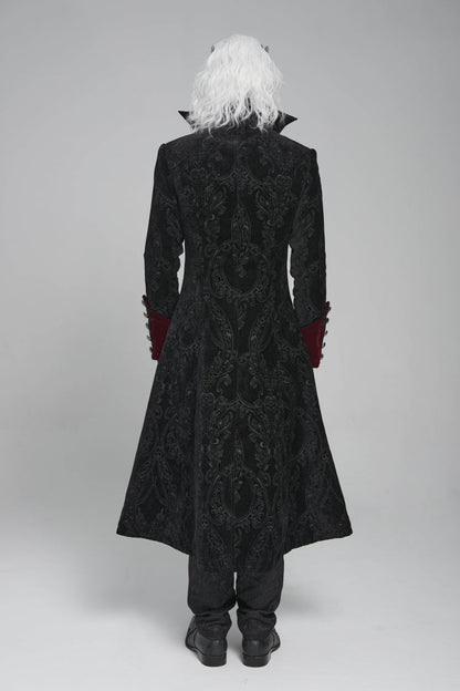 Black/Red Diamante Stand Collar Long Sleeves Printed Zippered Men's Gothic Long Coat