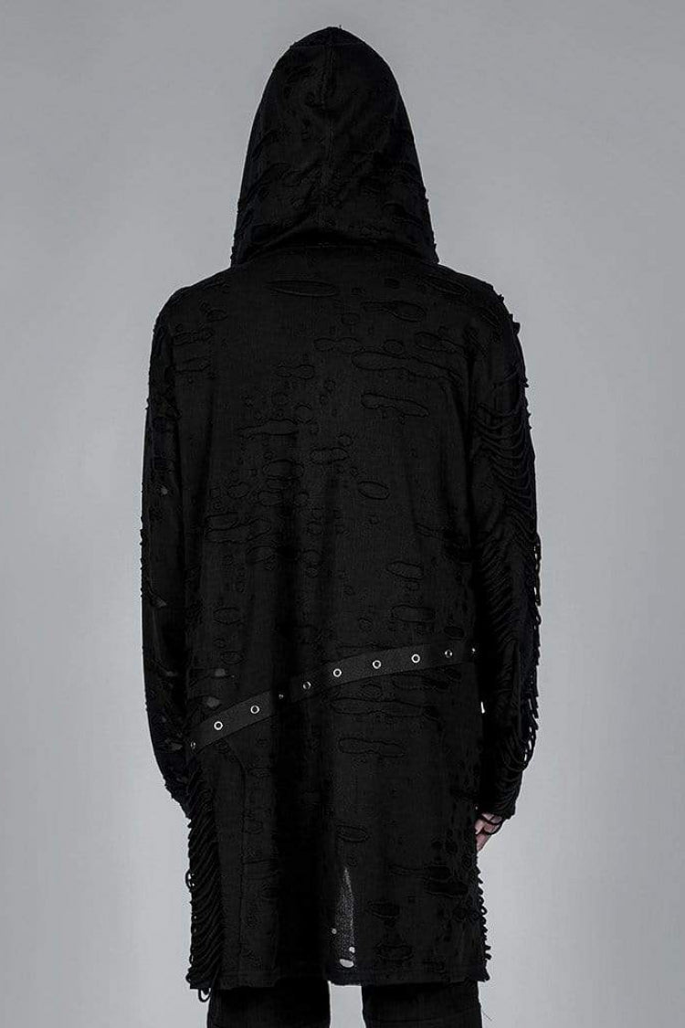 Black Ripped Hooded Metal Large Pins Mens Gothic Coat