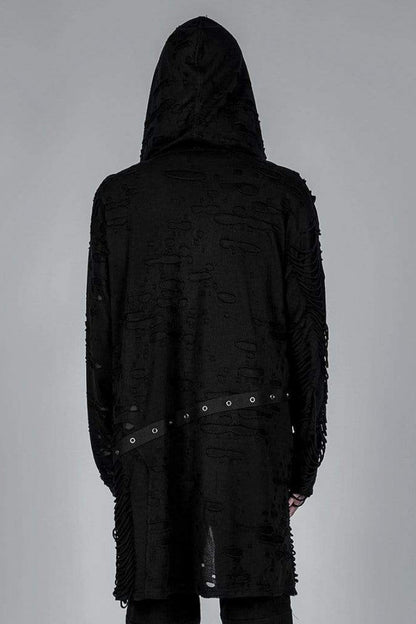 Black Ripped Hooded Metal Large Pins Mens Gothic Coat