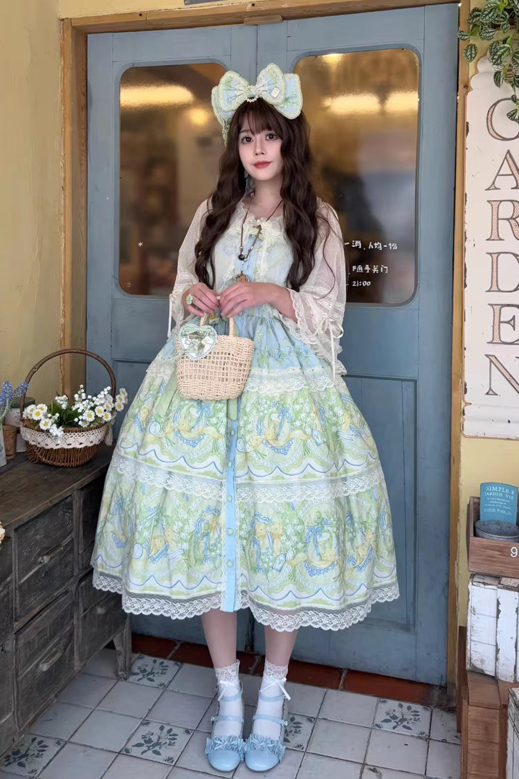 Blue/Green [Lily of the Valley Perfume] Pearl Candy Tea Doll Collar Sleeveless Printed Lace Plus Size Sweet Lolita Jsk Dress