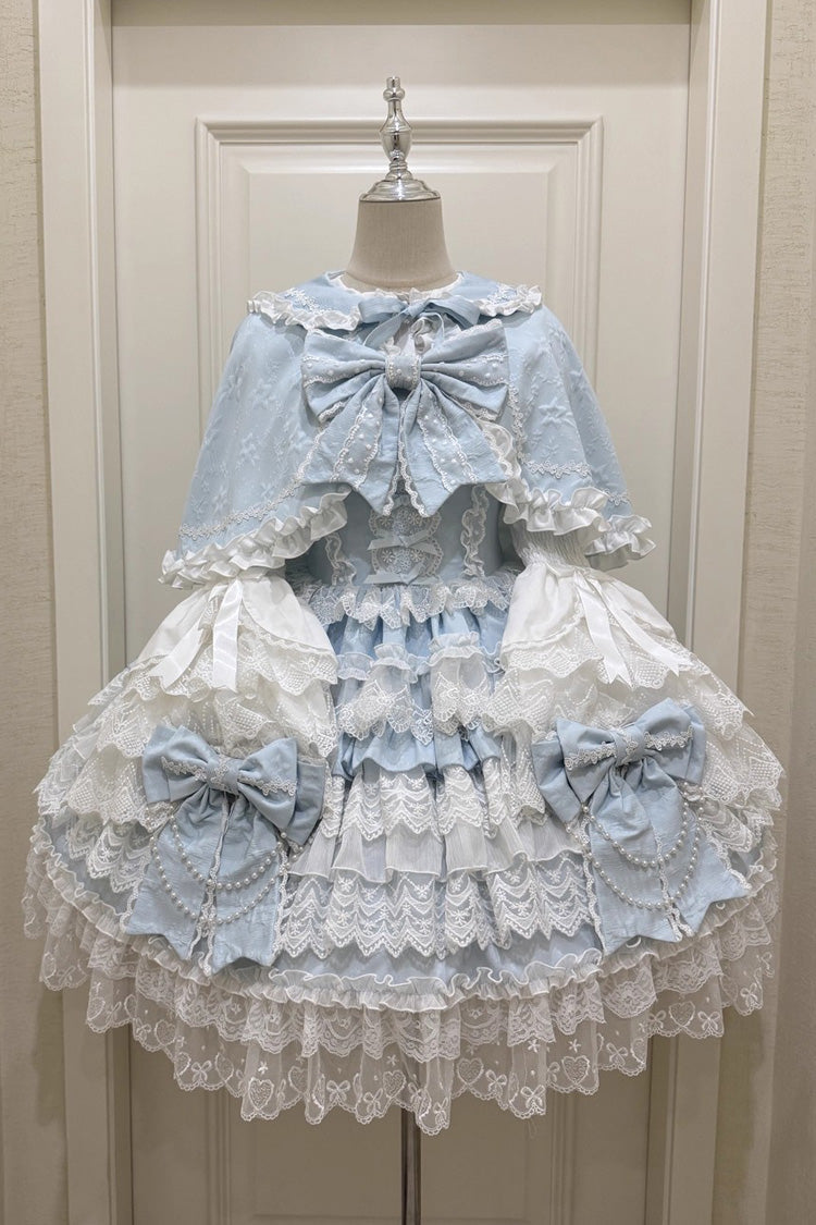 Blue [Knot of the Crossed Heart] Sleeveless Multi-Layered Ruffle Hanayome Cardigan Bowknot Lace Lace-Up Sweet Lolita Jsk Dress