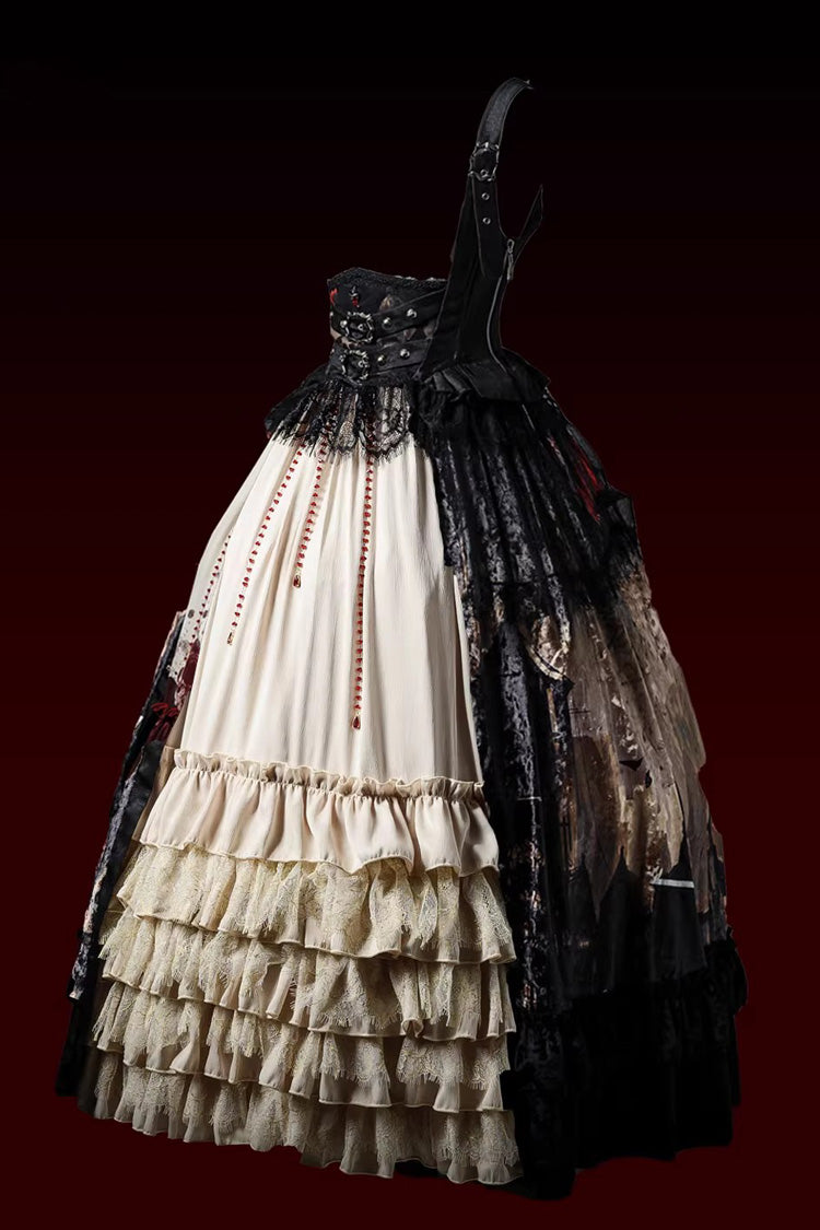 [Heretical Nun] Sleeveless Multi-Layered Printed Ruffled Open-Front Gothic Plus Size Lolita Strap Dress Long Version 2 Colors