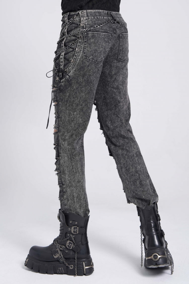 Black Ripped Rivet Men's Punk Pants with Chain