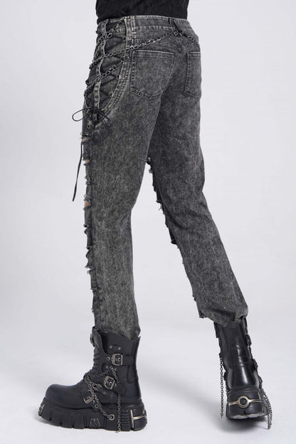 Black Ripped Rivet Men's Punk Pants with Chain