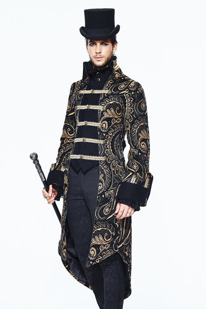 Gothic Jacquard Fake Two Pieces Golden Mens Long Coat