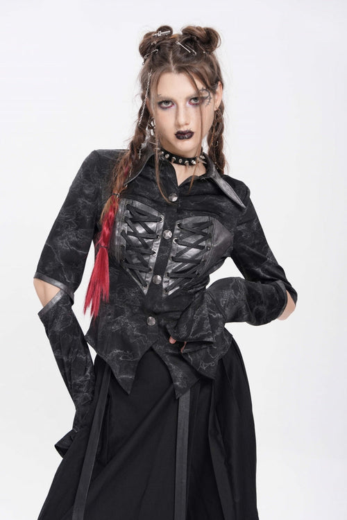 Black Lapel Collar Long Sleeves Print Lace-Up Cutout Women's Punk Blouse