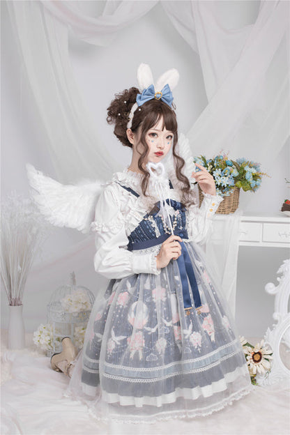 Blue Chiffon Flower Wedding Wearing Veil Princess Sweet Lolita JSK Dress