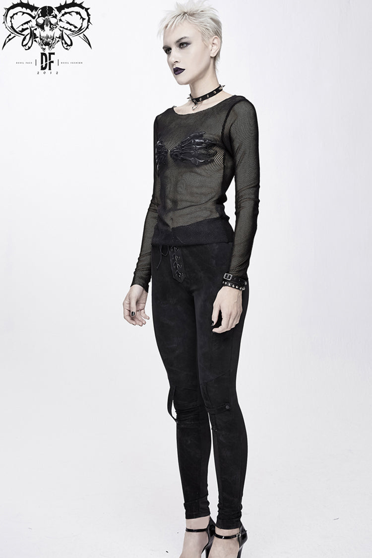 Black Round Collar Chest Skull Palm Long Sleeve Women's Punk Mesh Shirt