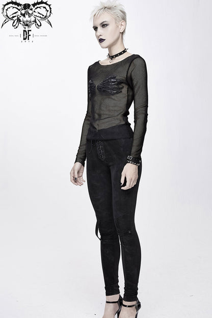 Black Round Collar Chest Skull Palm Long Sleeve Women's Punk Mesh Shirt