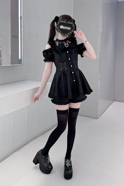 [Silver Candle Elegy”] Short Sleeves Printed Ruffled Cut-Out Bow Gothic Jirai Kei Top and Shorts Set 2 Colors