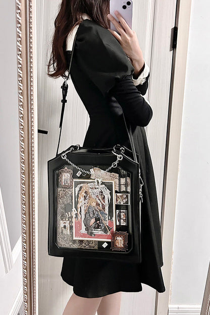 Black [Rose Thorns] Cut-Out Embroidered Chain-Decorated Gothic Lolita Itabag