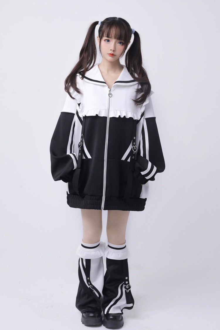 Jirai Kei Long Sleeves Ruffle Color Matching Zipper Coat 3 Colors