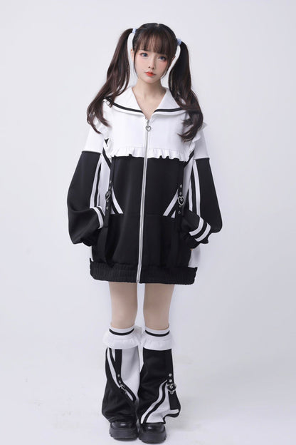 Jirai Kei Long Sleeves Ruffle Color Matching Zipper Coat 3 Colors