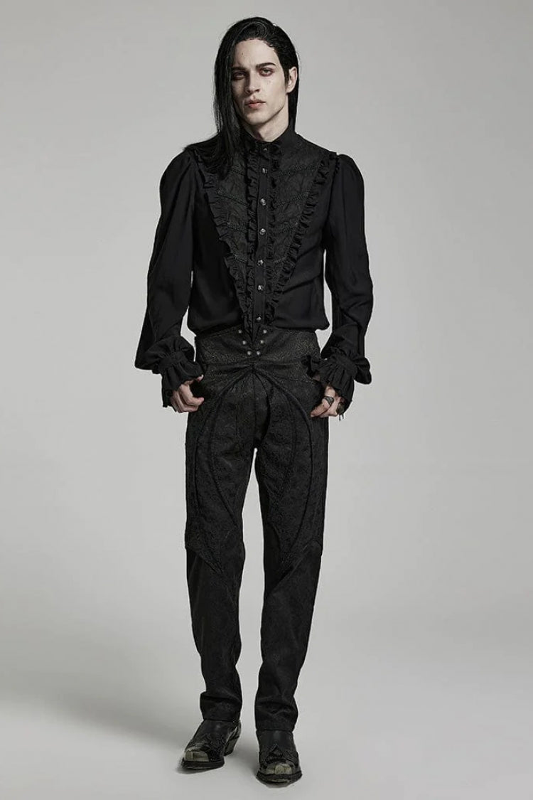 Black Stand Collar Ruffle Webbing Embellishment Mens Gothic Blouse