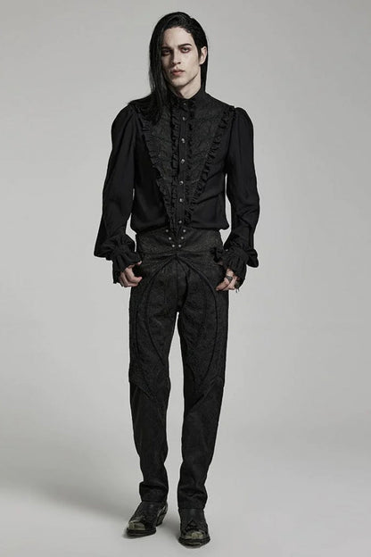 Black Stand Collar Ruffle Webbing Embellishment Mens Gothic Blouse