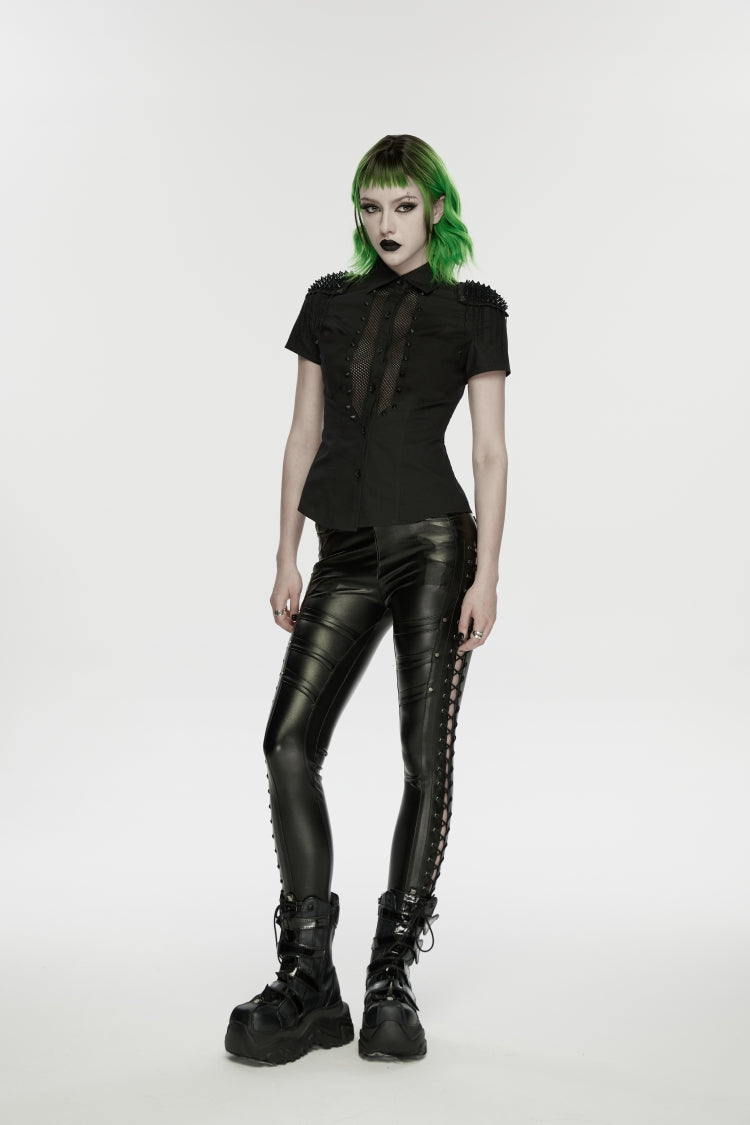 Black Studded Women's Punk  Drawstring Leggings