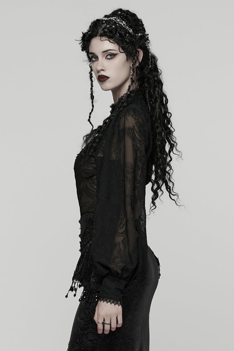 Black Stand Collar Long Puff Sleeves Floral Embroidered Women's Gothic Blouse