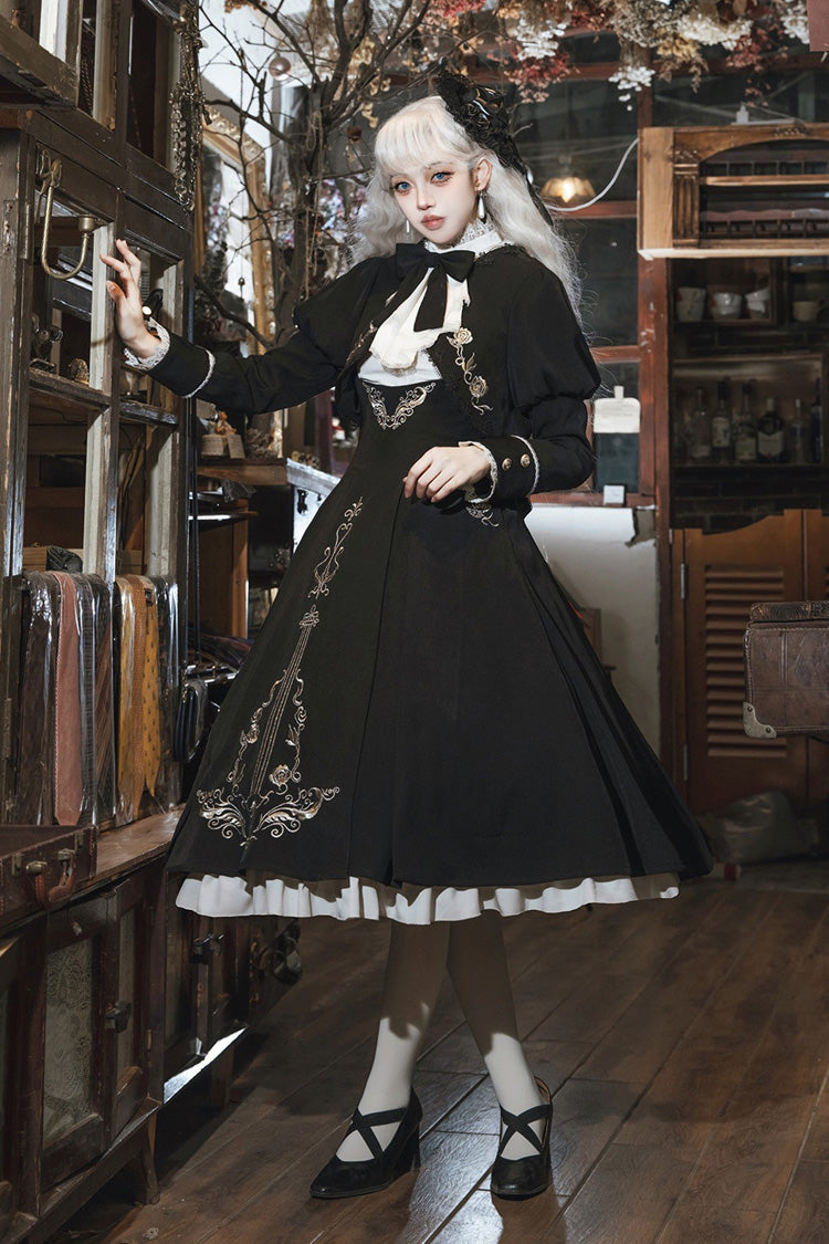 Black/White [Violin Variations] Ruffled Embroidered Gothic Lolita Jumper Dress Set