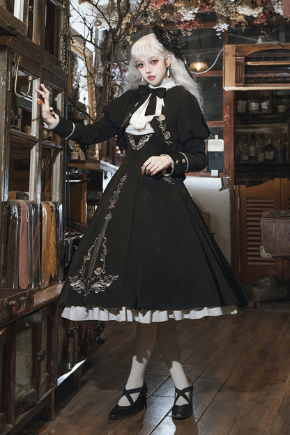 Black/White [Violin Variations] Ruffled Embroidered Gothic Lolita Jumper Dress Set