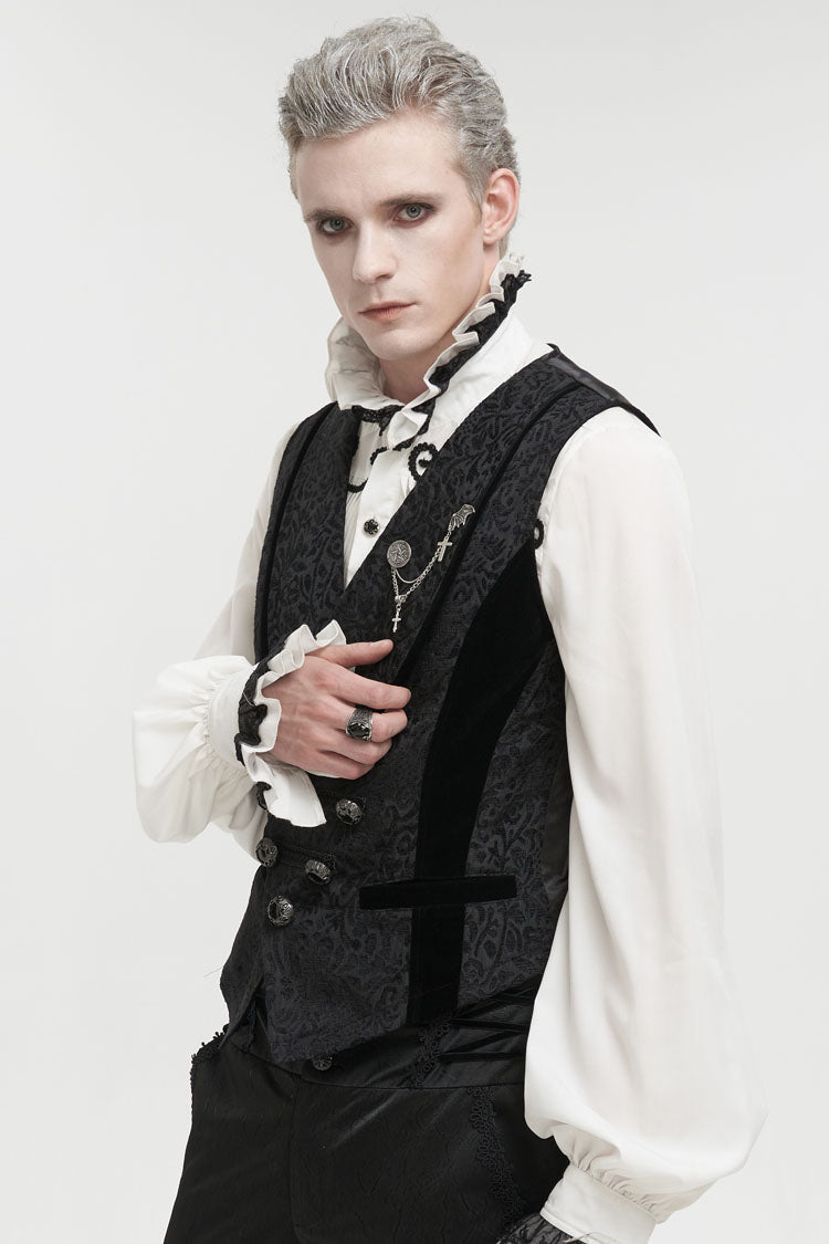 Black Slim Fit Retro Jacquard Chest Metal Chain Cross Men's Gothic Vest