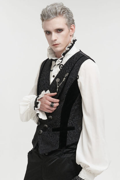 Black Slim Fit Retro Jacquard Chest Metal Chain Cross Men's Gothic Vest
