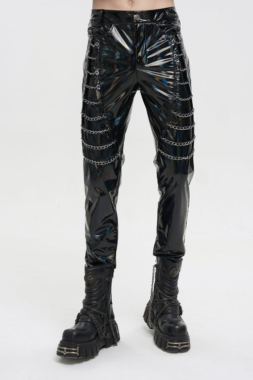 Black Stretch Symphony Metal Chains On Both Sides Versatile Leather Men's Gothic Pants