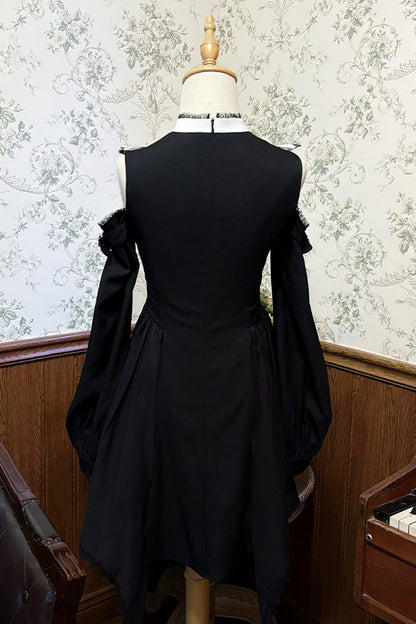 Black/White Stand Collar Off Shoulder Long Sleeves Ruffled Bow Lace Gothic Jirai Kei Japanese Lolita Dress