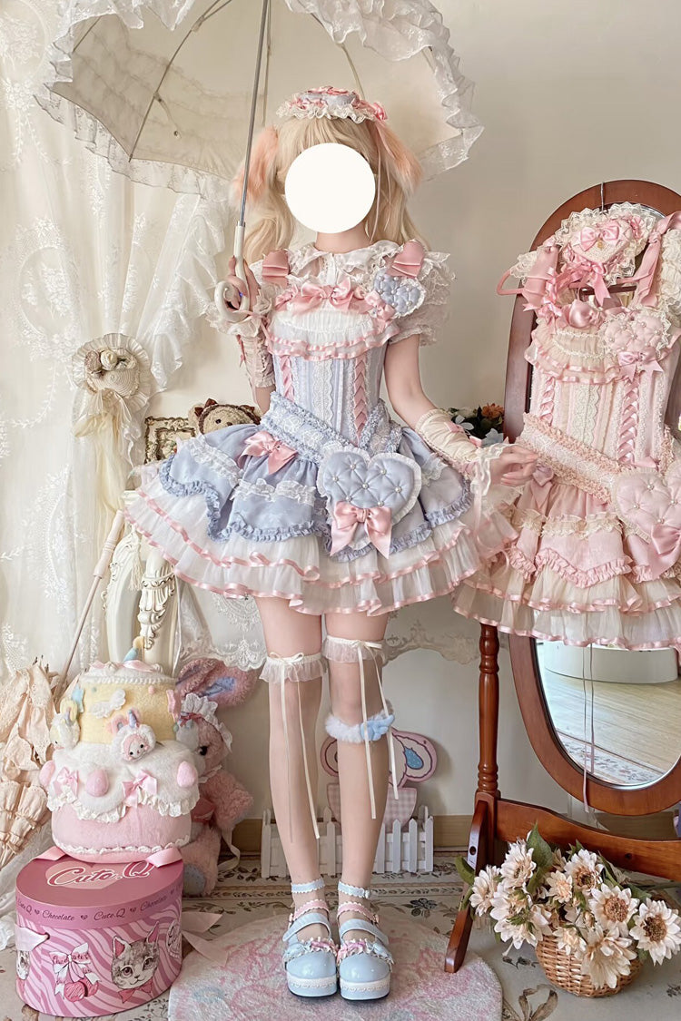 Blue Triple-Layered Ruffled Bow Lace-Up Slim Ballet Sweet Lolita Dress