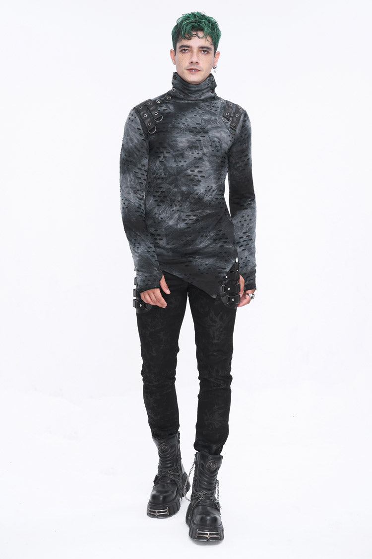 Grey/Black Lrregular Ripped Stand Collar Men's Punk Shirt