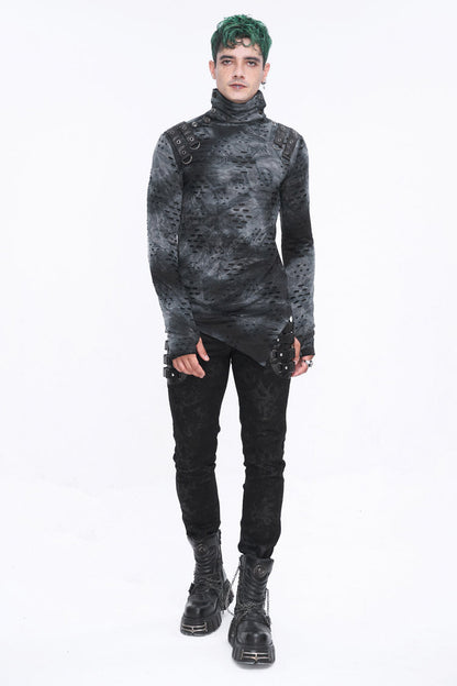 Grey/Black Lrregular Ripped Stand Collar Men's Punk Shirt