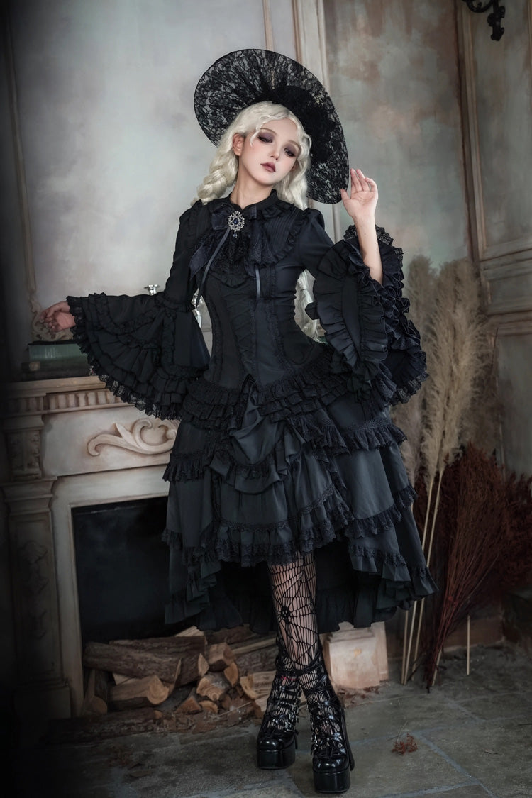 Black [Immortal Phoenix] Long Hime Sleeves Multi-Layered Ruffled Bow Lace-Up Gothic Lolita Skirt Dress Set