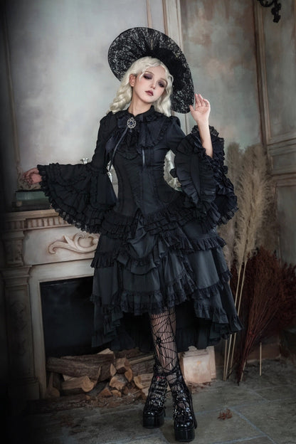 Black [Immortal Phoenix] Long Hime Sleeves Multi-Layered Ruffled Bow Lace-Up Gothic Lolita Skirt Dress Set