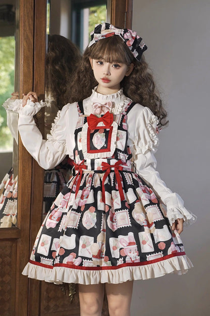 Black [Letter from Showa] Rabbit and letter Print Ruffle Bowknot Sweet Princess Lolita Strap Dress