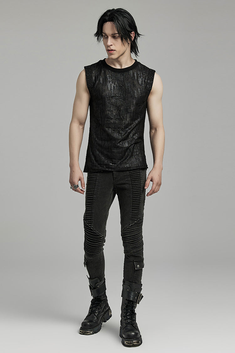 Black Round Collar Sleeveless Print Ripped Distressed Eyelet Men's Gothic Tank Top