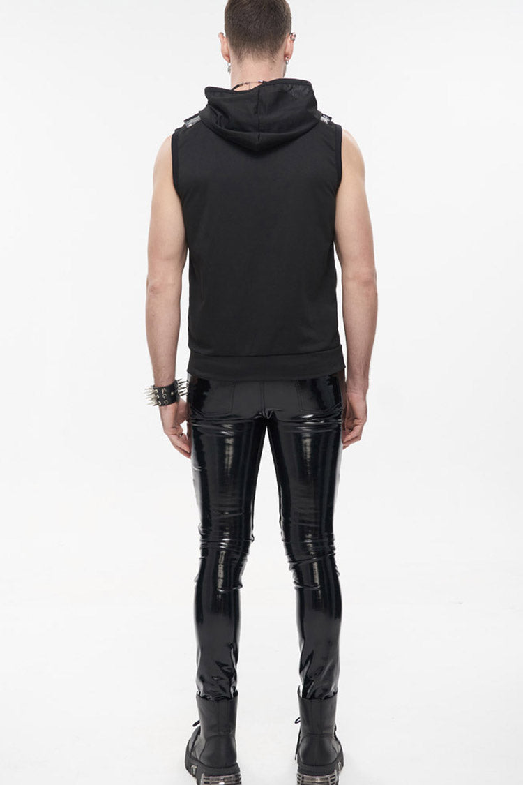 Black Punk Metal Skull Patent Leather Bullet Clip Textured Zip Hooded Sleeveless Men's T-Shirt