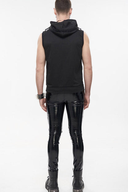 Black Punk Metal Skull Patent Leather Bullet Clip Textured Zip Hooded Sleeveless Men's T-Shirt