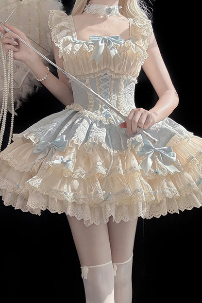 Blue [Flory Butterfly] Double-Layered Ruffle Bowknot Lace Lace-Up Sweet Ballet Lolita Jsk Dress