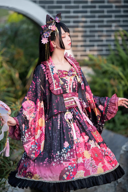 Black/Red [Cherry Blossom Cat Islet] Sleeveless Printed Ruffled Bow Sweet Lolita Jsk Dress Set