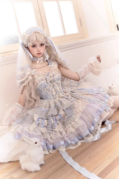 Blue [Moonstone] Sleeveless Ruffle Embroidery Bowknot Lace Fishbone Sweet Princess Lolita Dress