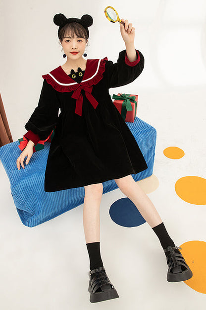 Black Velvet Cat Eye Neck Long Sleeves High Waisted Sweet Lolita OP Dress