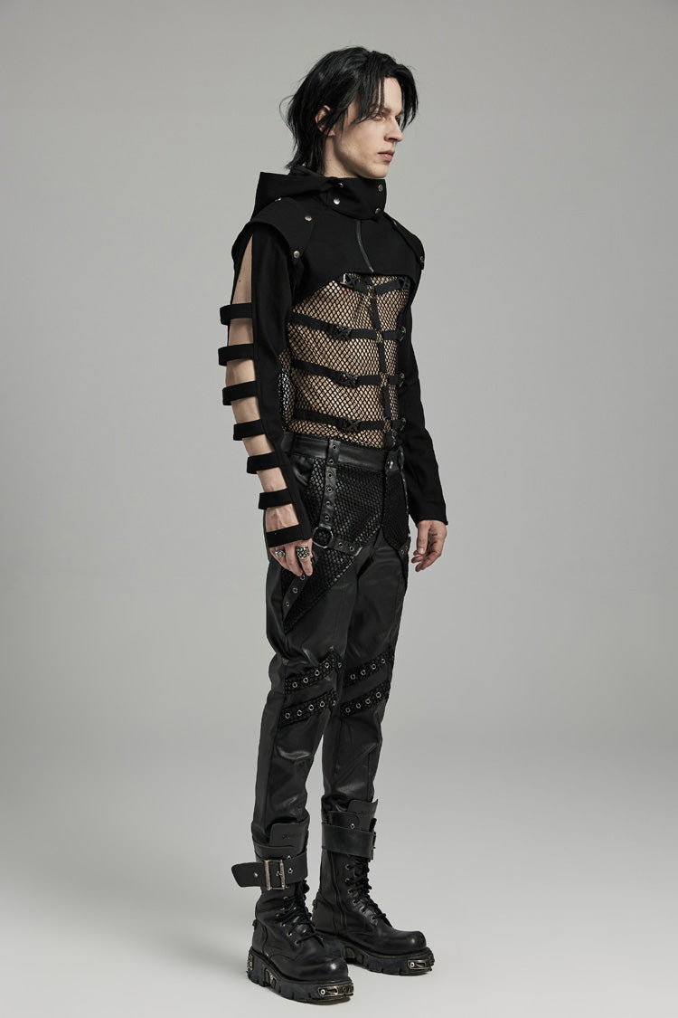 Black Stand Collar Hooded Cutout Men's Punk Jacket