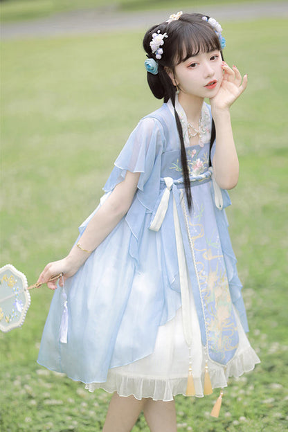 Blue Neckline Embroidered Lotus Print Sweet Lolita Dress Full Set