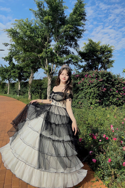 Black/White Ruffle Hanayome Lace Lace-Up Gothic Plus Size Lolita Jsk Dress (Long Version)