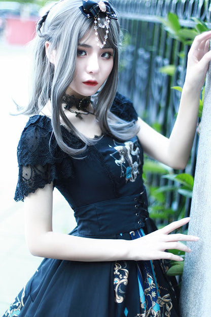 Black God's Salvation Square Collar Short Sleeves Lace Ruffled Gothic Lolita OP Dress