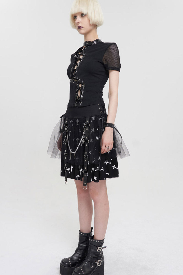 Black Punk Short Sleeve Irregular Drawstring Bright Leather Neckline Mesh Cuffs Women's T-Shirt