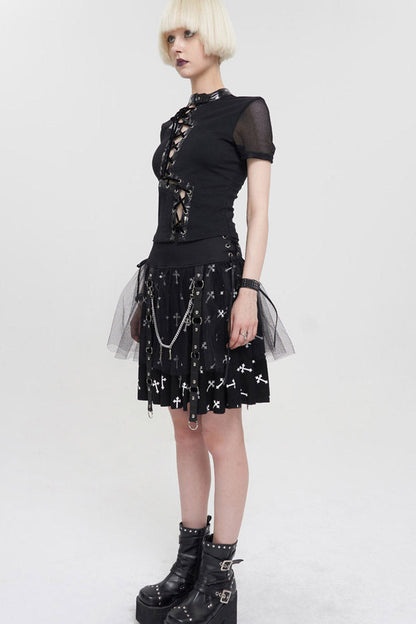 Black Punk Short Sleeve Irregular Drawstring Bright Leather Neckline Mesh Cuffs Women's T-Shirt