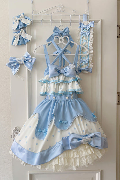 Blue Cream Multi-Layered Polka Dots Print Ruffle Bowknot Sweet Lolita Jsk Dress